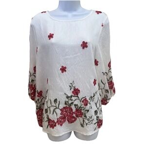 Nwot Kindred Petite Top Embroidered Floral/White‎ Blouse Size PL Boho Hippie